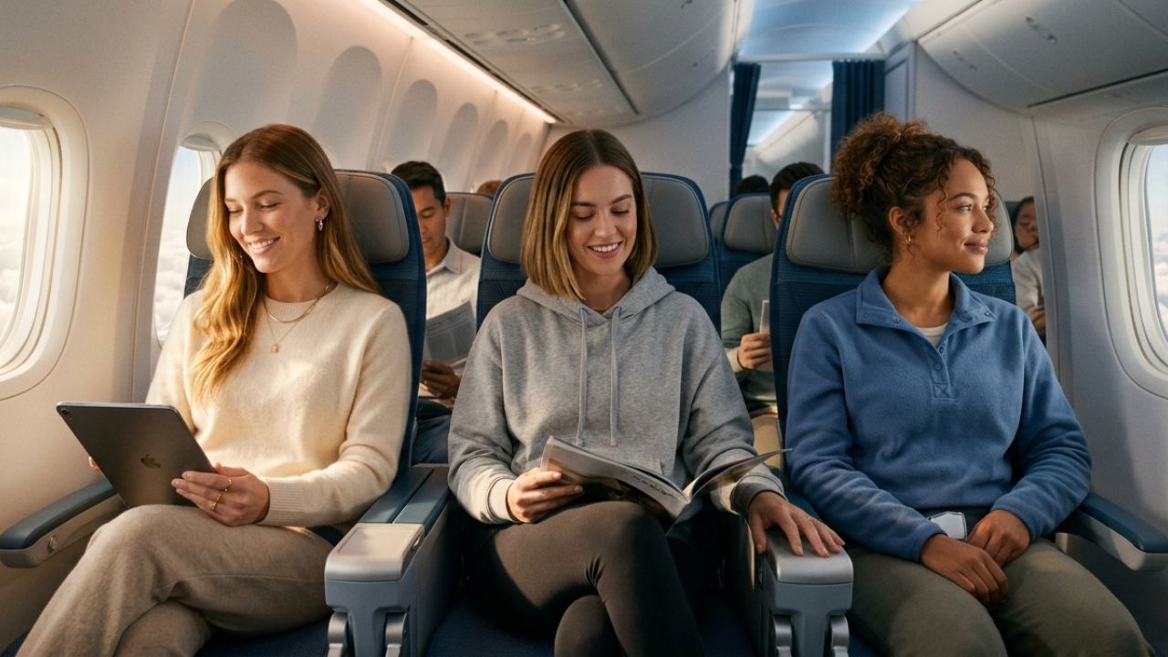A calm passenger looking out an aircraft window, contrasting with the chaotic terminal disruptions and flight cancellations happening on the ground