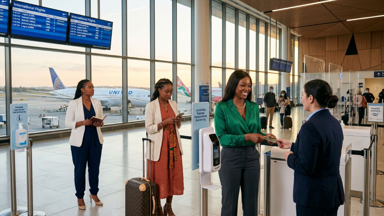 A highly secure US international airport screening checkpoint, actively shielding passengers from severe travel chaos and airport disruptions during the Ebola ban