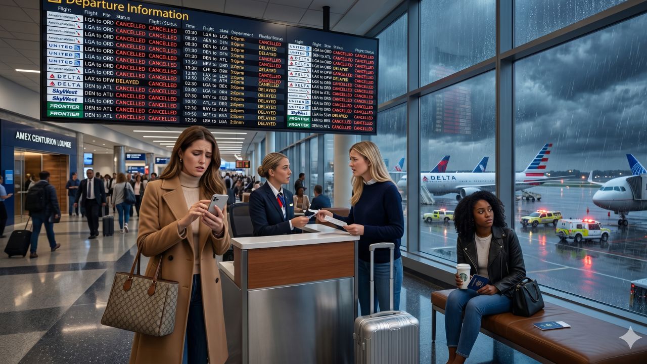 Frustrated airline passengers waiting in long terminal queues in front of a flight departures board showing cancellations