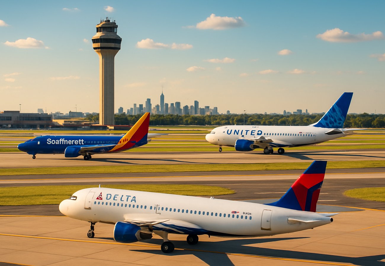 A chaotic scene at Hartsfield-Jackson Atlanta International Airport with hundreds of travelers lined up at customer service desks after Delta and Southwest announced over a dozen flight cancellations