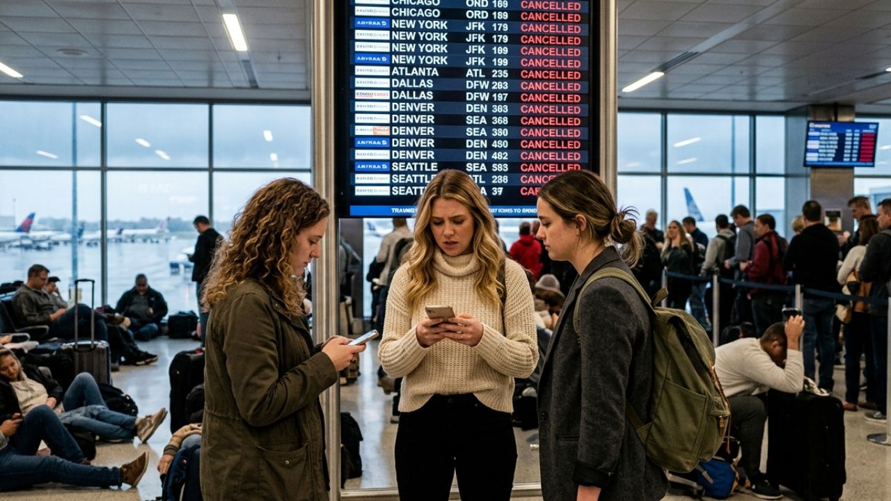 A highly congested US airport terminal displaying multiple red flight cancellations on the departure board as stranded passengers crowd the Delta and United Airlines counters