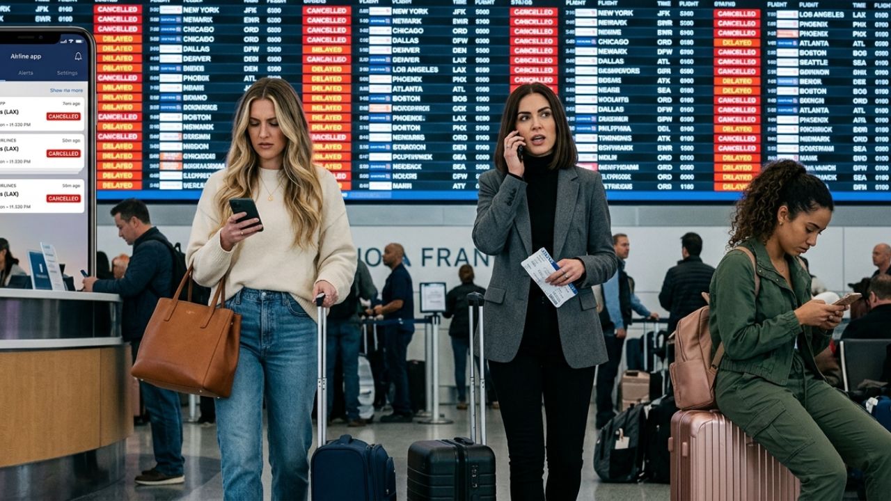 A highly congested San Francisco International Airport terminal displaying hundreds of red flight cancellations on the departure board as stranded passengers crowd the SkyWest and Southwest counters