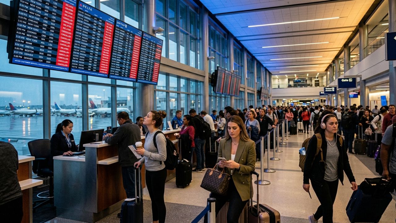 A crowded airport departure terminal with electronic flight status boards showing delayed and cancelled flights in red text