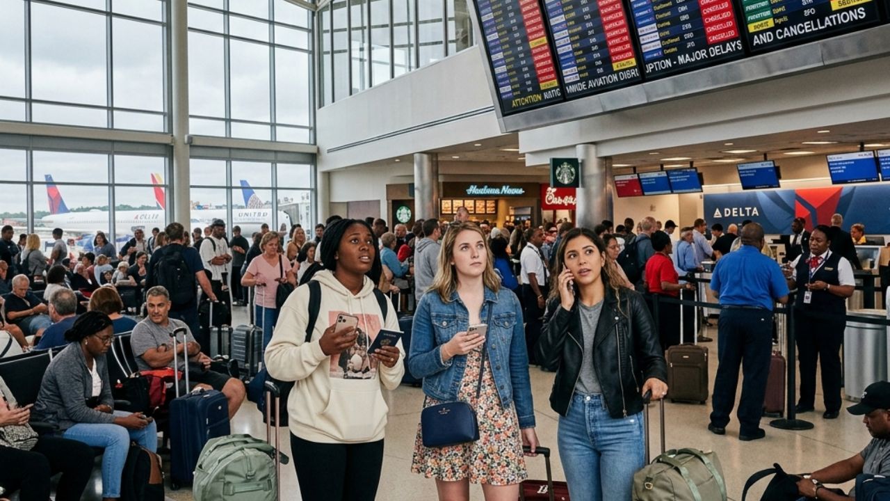 A highly chaotic scene inside a massive US airport terminal showing tens of thousands of stranded passengers staring at a sea of red cancelled flight statuses on the departure boards