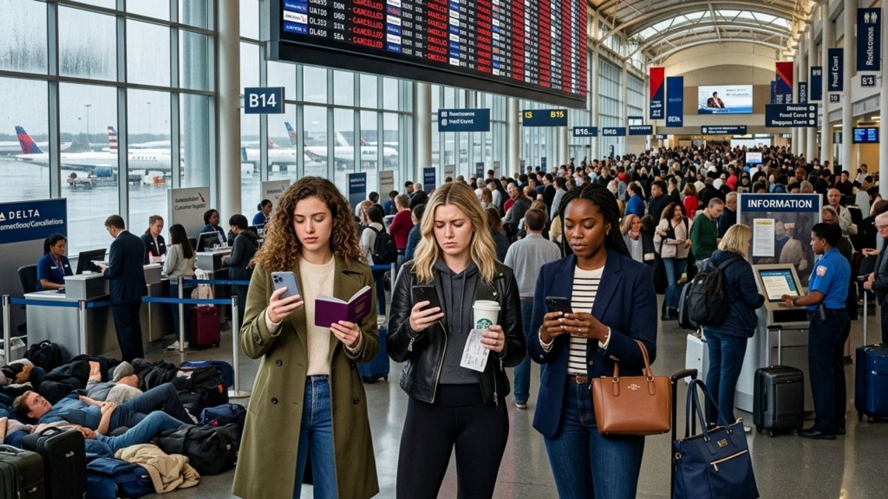 A highly chaotic scene inside a massive US airport terminal showing massive crowds of stranded passengers staring at a sea of red cancelled flight statuses following severe operational groundings
