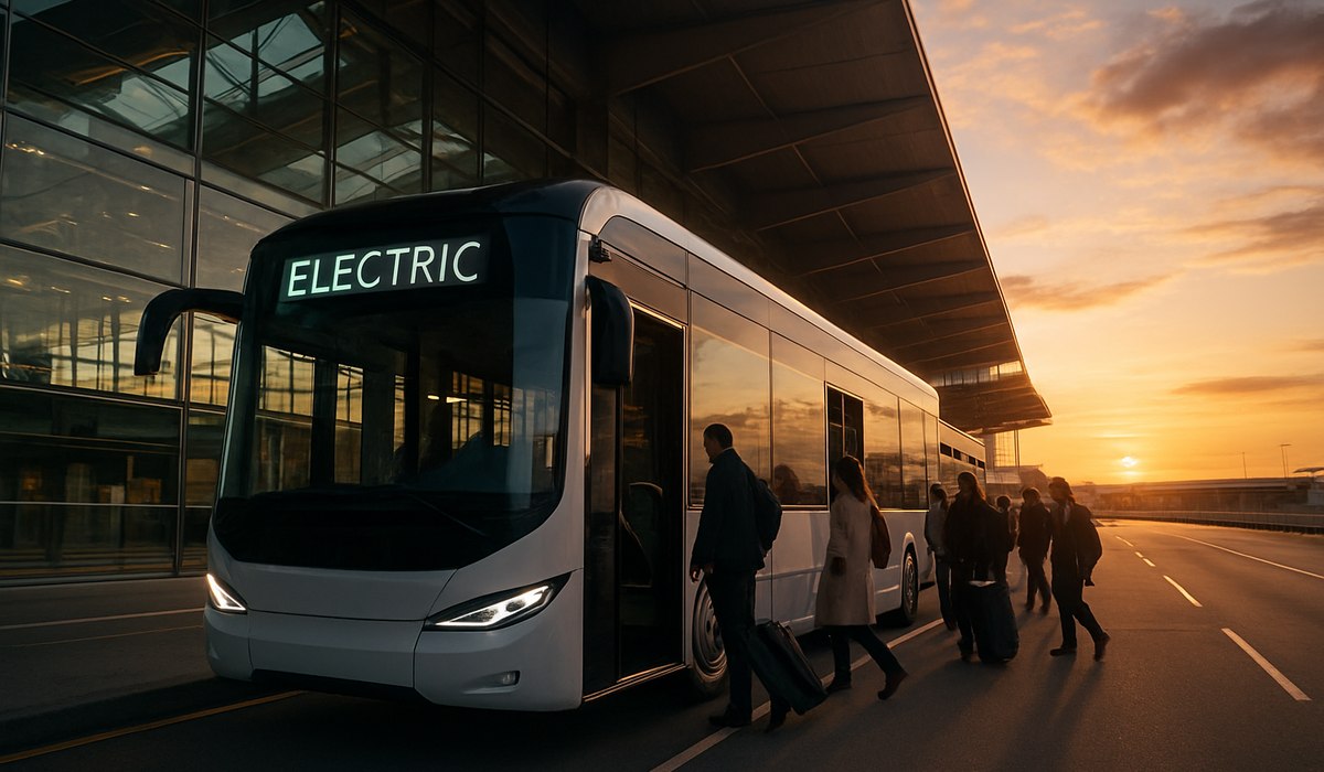 Electric bus fleet lined up at Jewar Airport terminal in Uttar Pradesh, 2026