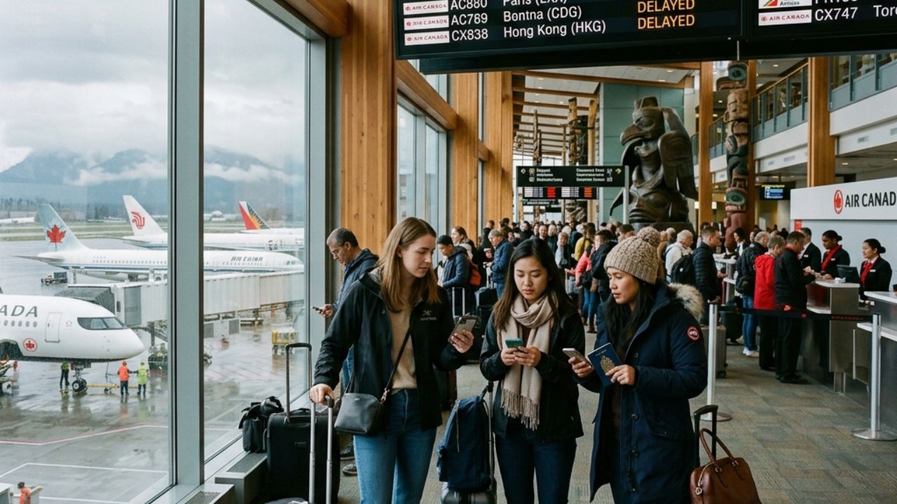 A highly chaotic scene inside Vancouver International Airport showing massive crowds of stranded passengers waiting near departure gates following sudden flight cancellations by Air Canada and Philippine Airlines