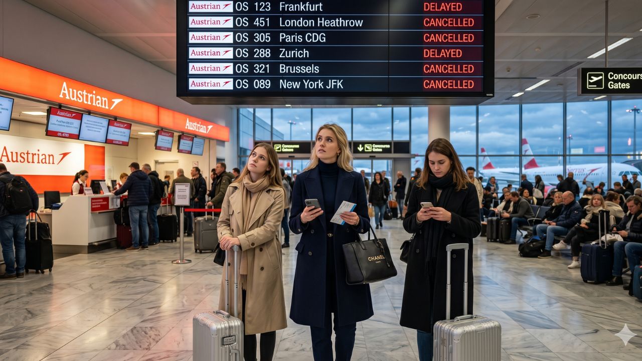 A highly chaotic scene at Vienna International Airport showing massive crowds of desperate passengers stranded by severe Austrian Airlines flight cancellations and cascading delays across the European network