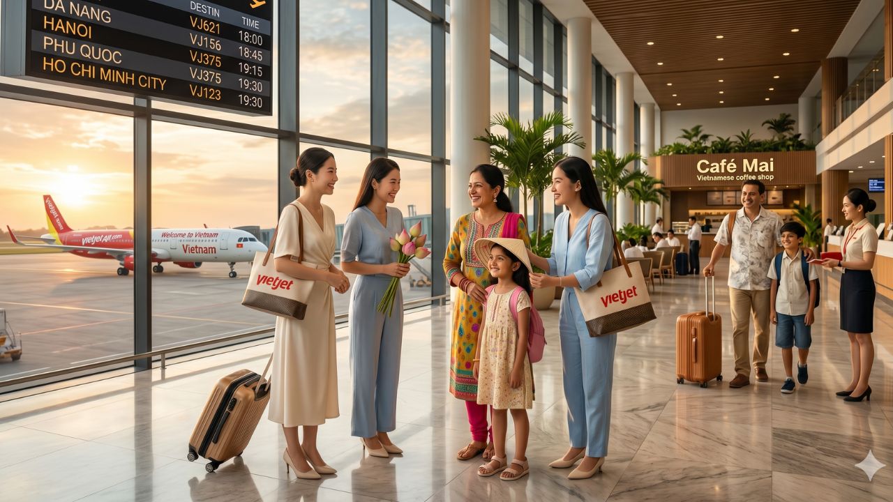 A vibrant Vietjet aircraft soaring over the stunning coastline of Da Nang, symbolizing the massive influx of Indian tourists flocking to Vietnam's premium destinations.