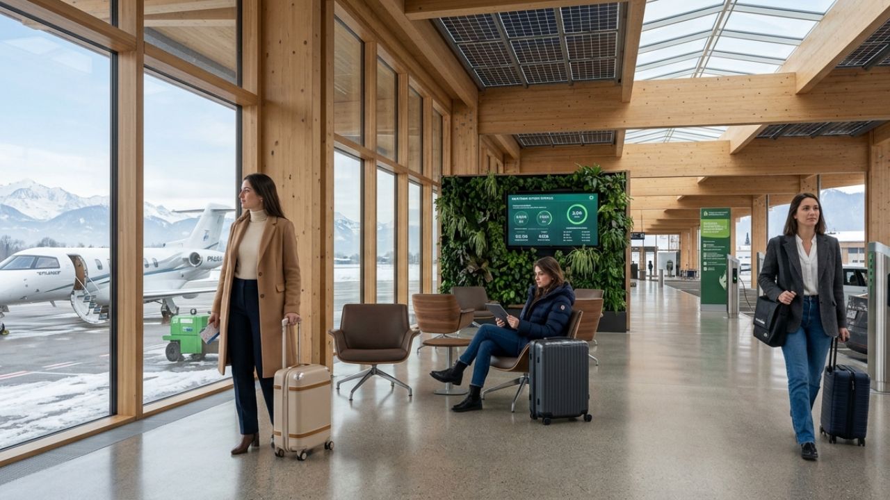 A highly advanced VINCI Airports eco-terminal at Annecy Haute-Savoie Mont-Blanc, physically bypassing severe global travel chaos through optimized corporate aviation infrastructure