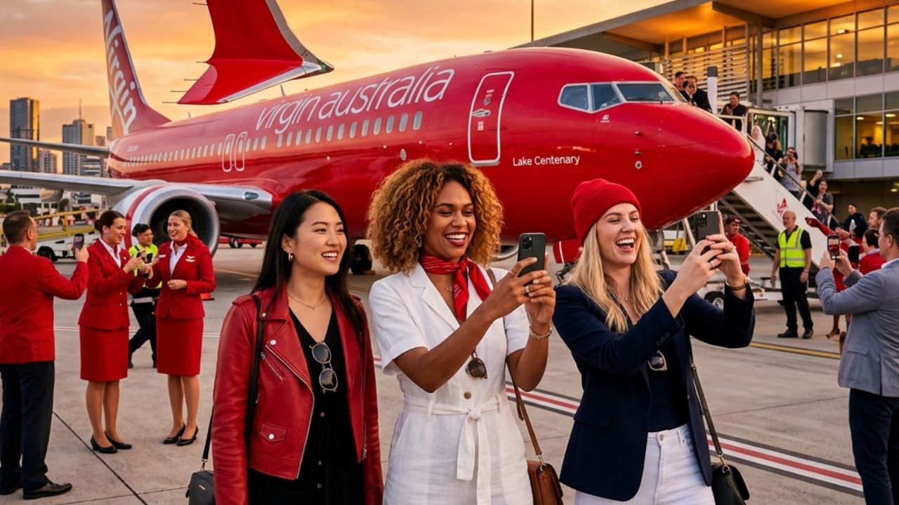 A visually stunning, bright red Virgin Australia Boeing 737-8 MAX parked triumphantly on the tarmac at Brisbane Airport, boldly symbolizing the airline's aggressive expansion against domestic travel chaos