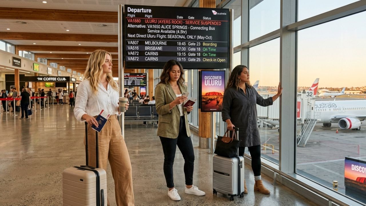 A grounded Virgin Australia aircraft at a regional airport, creating severe travel chaos and airport disruptions for tourists attempting to reach Uluru