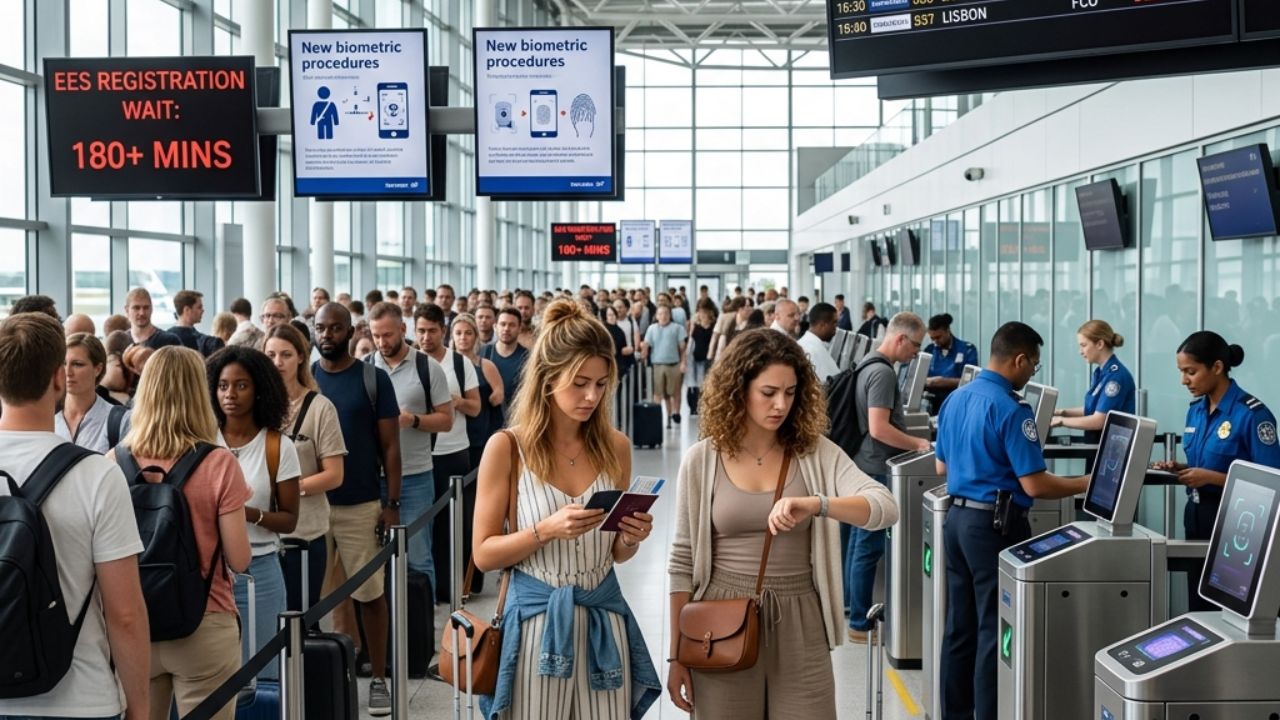 A highly chaotic scene inside a European airport terminal showing hundreds of stranded British tourists waiting in a massive line for new biometric passport scanning kiosks
