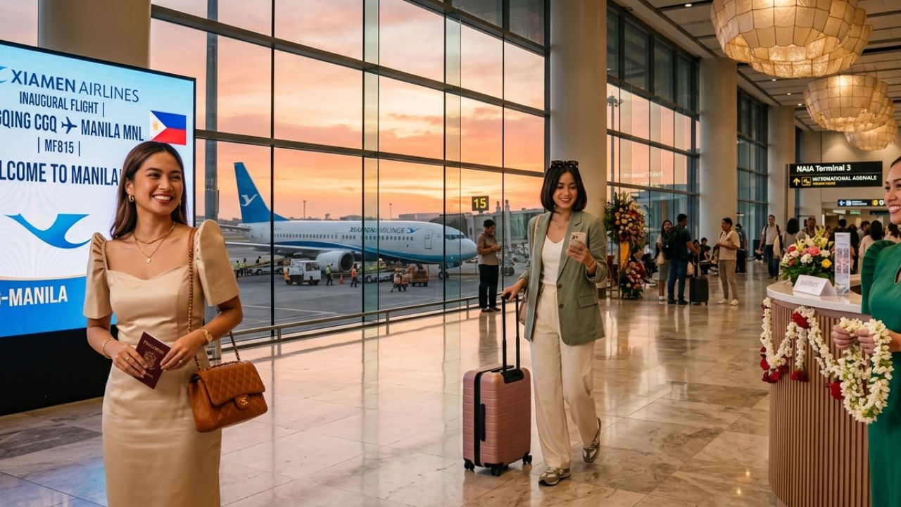 A pristine Xiamen Airlines aircraft touching down smoothly at Ninoy Aquino International Airport in Manila, initiating the new direct route from Chongqing