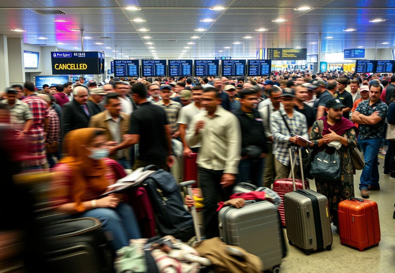Disrupted flight operations at Dubai International Airport terminal with delayed flight information displays