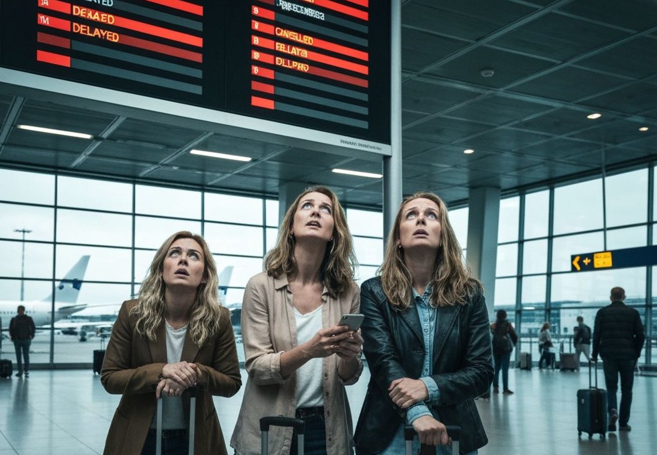 Airport terminal with passengers viewing flight delay boards under stormy skies