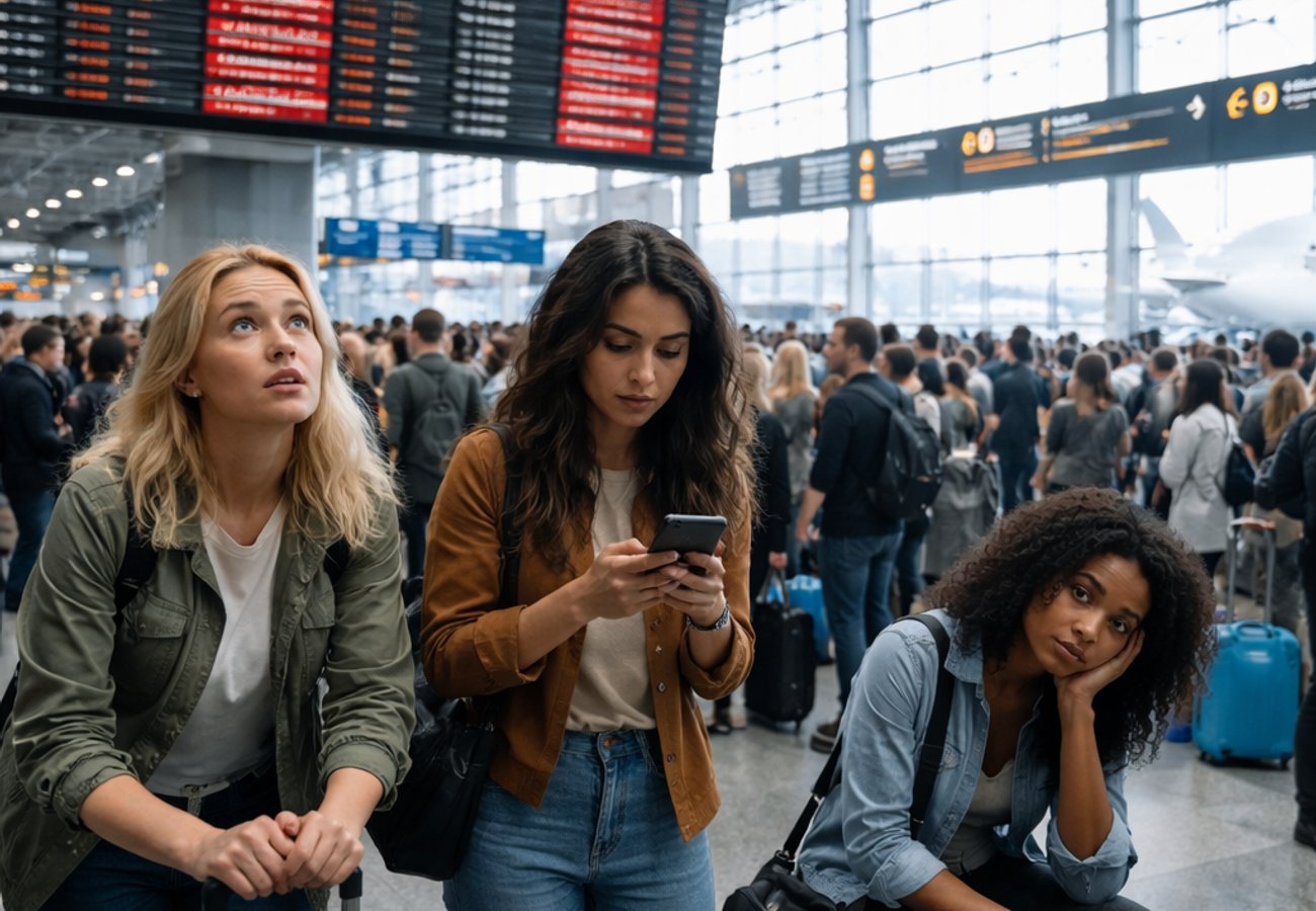 Crowded airport terminal during flight cancellations at Russian airports