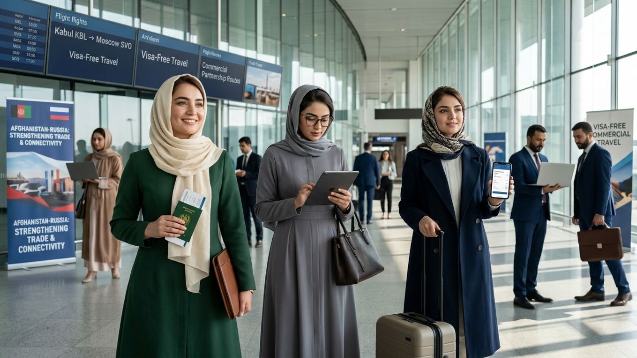 A highly dramatic scene capturing Afghan and Russian aviation authorities aggressively battling severe international travel chaos and massive transit blockades triggered by an extreme geopolitical climate