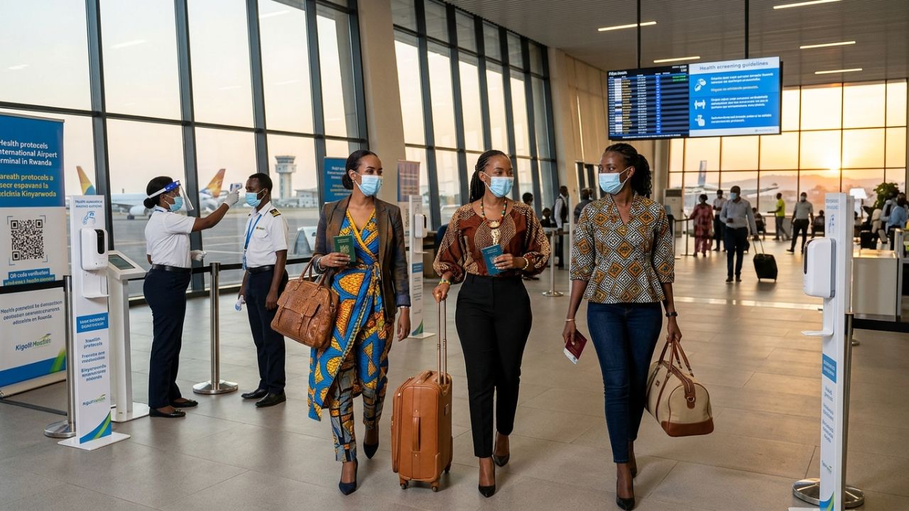 A commercial aircraft landing at an East African airport as health officials deploy strict temperature screenings to prevent travel chaos and unjustified flight cancellations