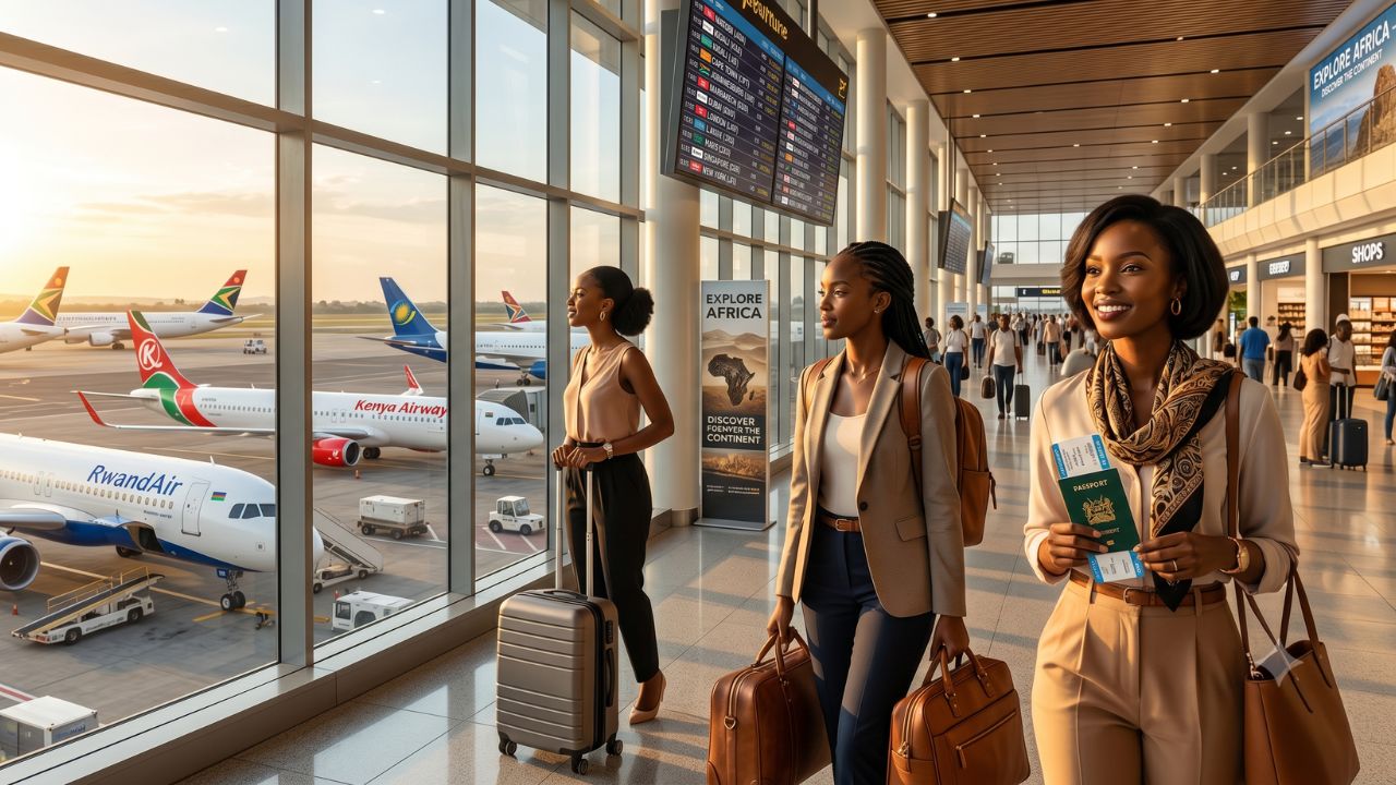 A highly dramatic scene capturing massive passenger confusion and severe travel chaos as sudden financial collapse threatens major African airlines attempting to manage explosive regional growth