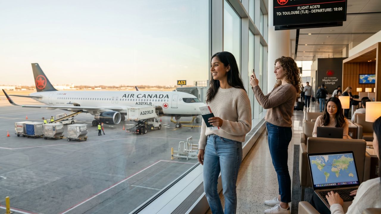 A highly advanced Air Canada Airbus A321XLR touching down triumphantly on the tarmac at Toulouse-Blagnac Airport after its historic trans-Atlantic crossing