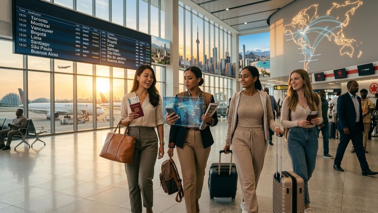 A highly dramatic scene capturing Air Canada aviation authorities aggressively battling severe international travel chaos and massive transit blockades triggered by an extreme hemispheric logistical gridlock