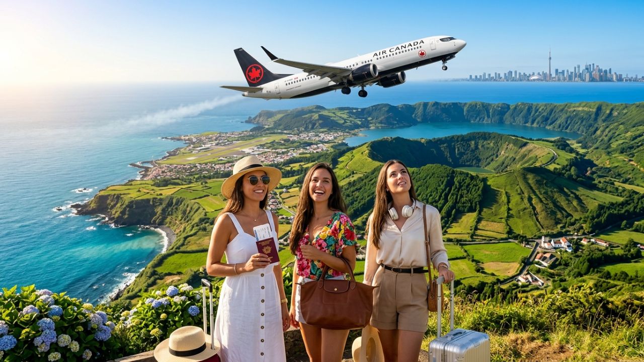 A highly dramatic scene capturing an Air Canada Boeing 737 MAX 8 powering out of Ponta Delgada, representing a massive strategic deployment designed to rescue international travelers from severe regional airport disruptions and travel chaos