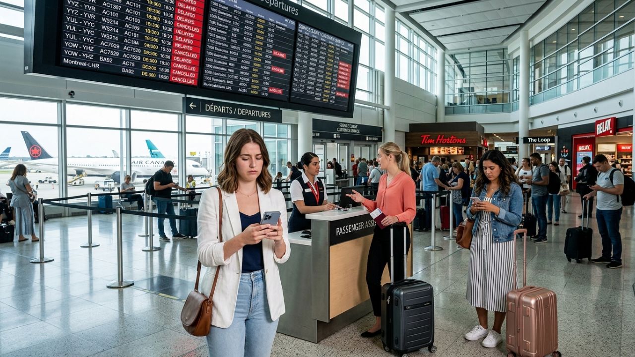 A highly congested Air Canada terminal at Toronto Pearson, illustrating the severe travel chaos and sudden flight cancellations disrupting the Canadian aviation network