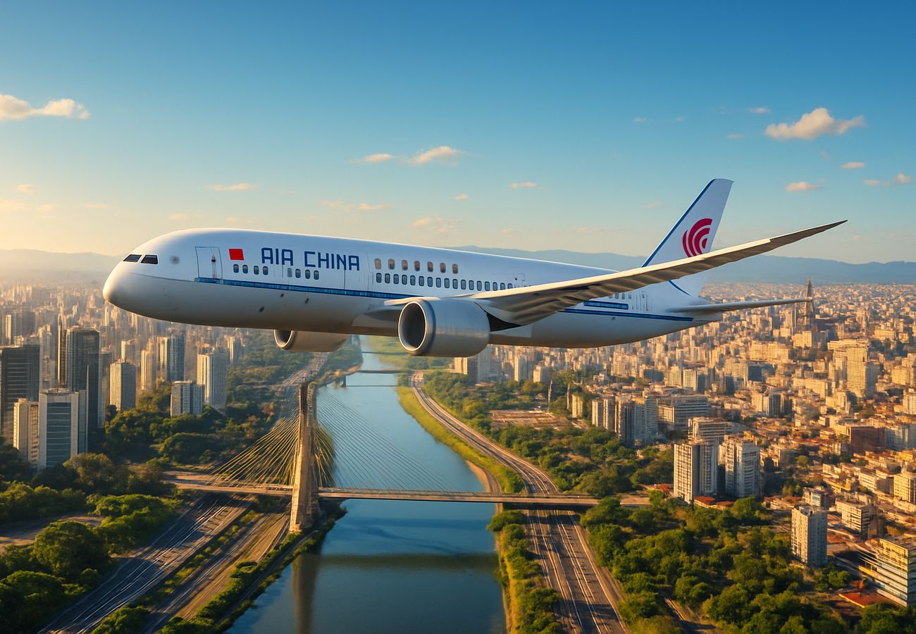 Boeing 787-9 Dreamliner aircraft flying over the Atlantic Ocean connecting South America and Europe