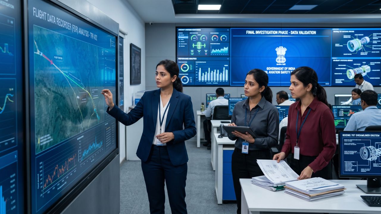 A highly intense aviation accident investigation scene at Sardar Vallabhbhai Patel International Airport in Ahmedabad, with technical experts reviewing the wreckage of Air India Flight AI-171