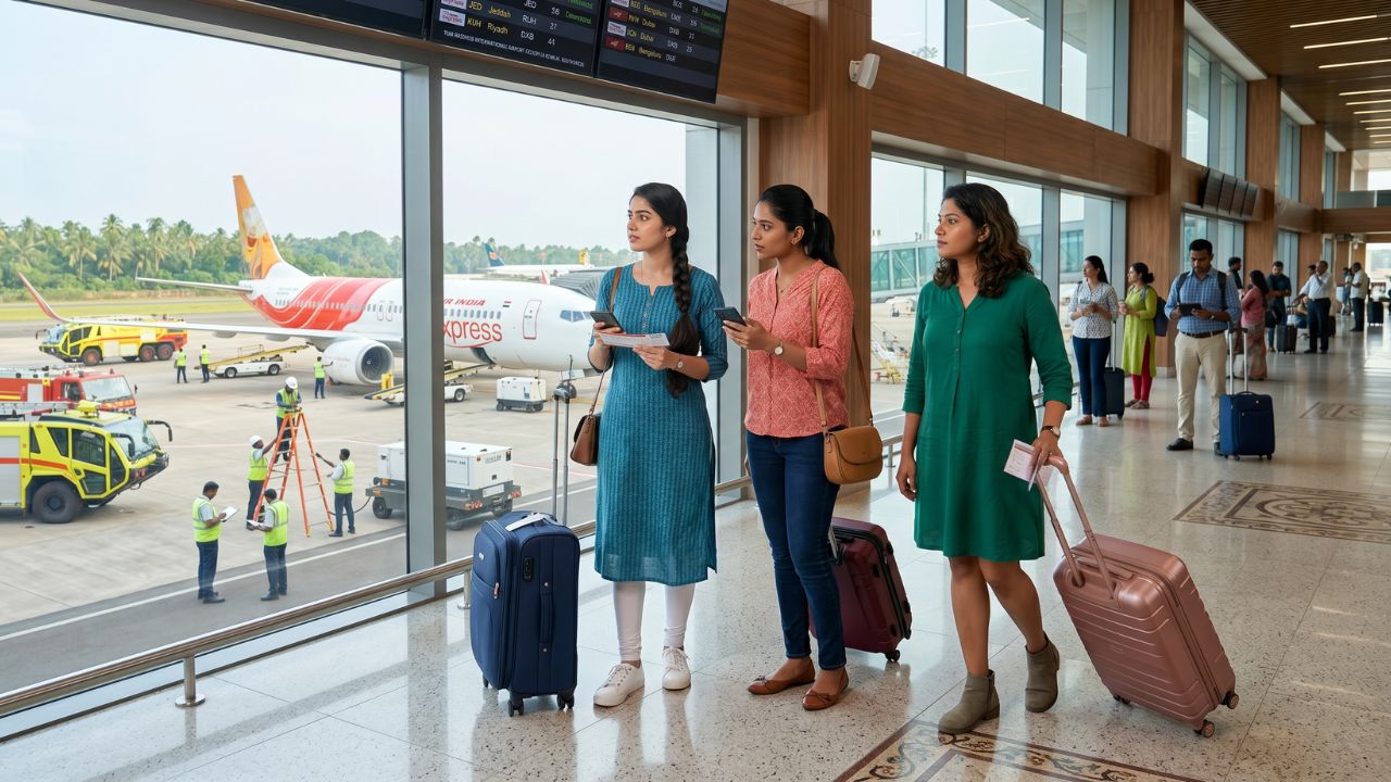 An Air India Express Boeing 737 MAX executing an emergency landing at Kannur International Airport, physically triggering severe travel chaos and flight cancellations across the tarmac