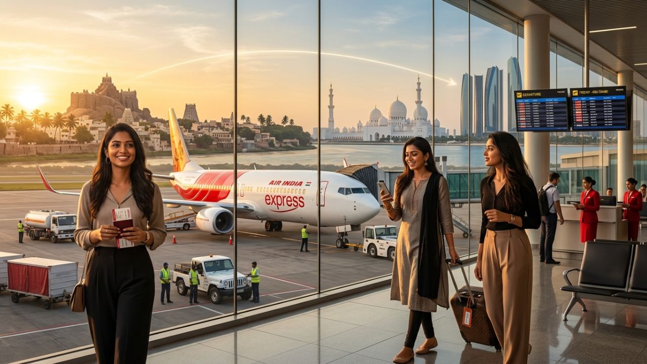 A highly dramatic scene capturing Air India Express aviation authorities aggressively executing a massive direct route from Trichy to Abu Dhabi to combat severe international travel chaos and bypass congested transit hubs