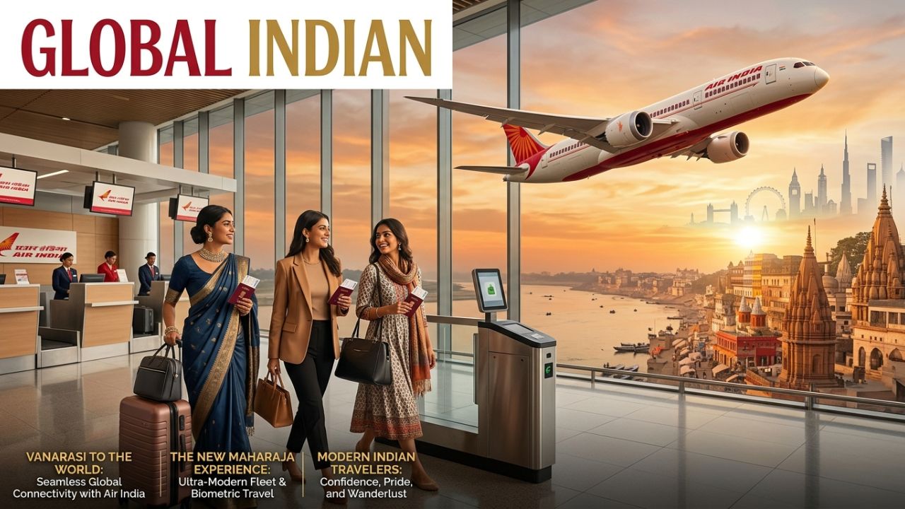 A highly dramatic scene capturing an Air India passenger jet powerfully taking off from Varanasi, representing a massive strategic deployment designed to rescue international travelers from severe regional airport disruptions and travel chaos at major hubs
