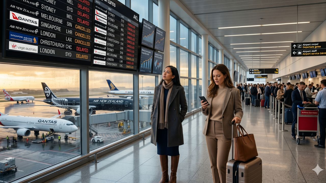 A highly chaotic scene at Auckland Airport showing desperate crowds of passengers stranded by severe flight cancellations and massive fare hikes triggered by the global jet fuel crisis