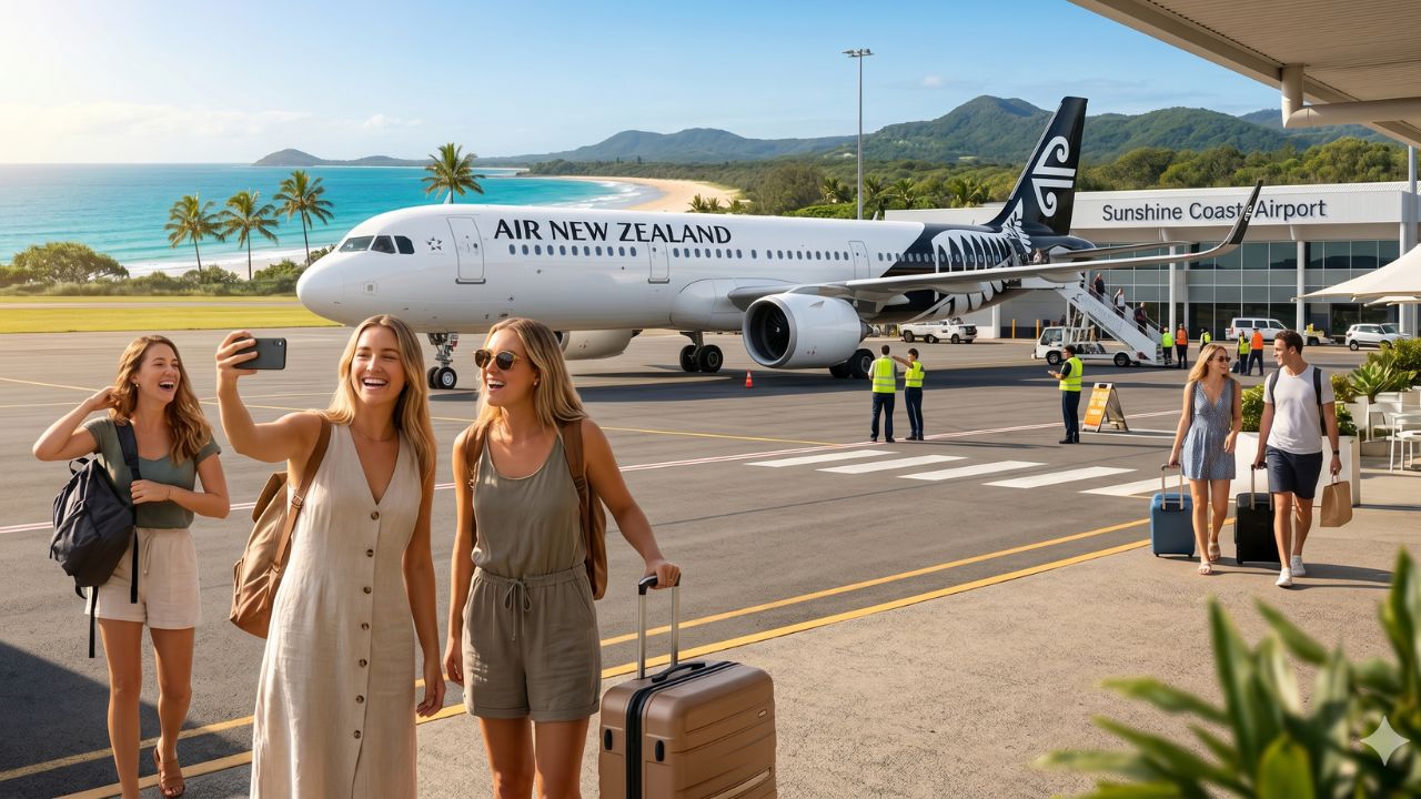 A highly dramatic scene capturing an Air New Zealand aircraft aggressively expanding operations to combat severe international travel chaos and flight cancellations across the Tasman Sea