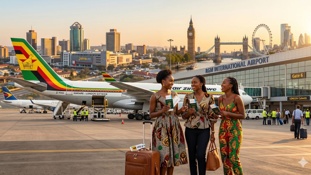 A highly dramatic scene capturing the massive Air Zimbabwe London route launch, specifically designed to bypass terrifying international travel chaos and severe global airport disruptions