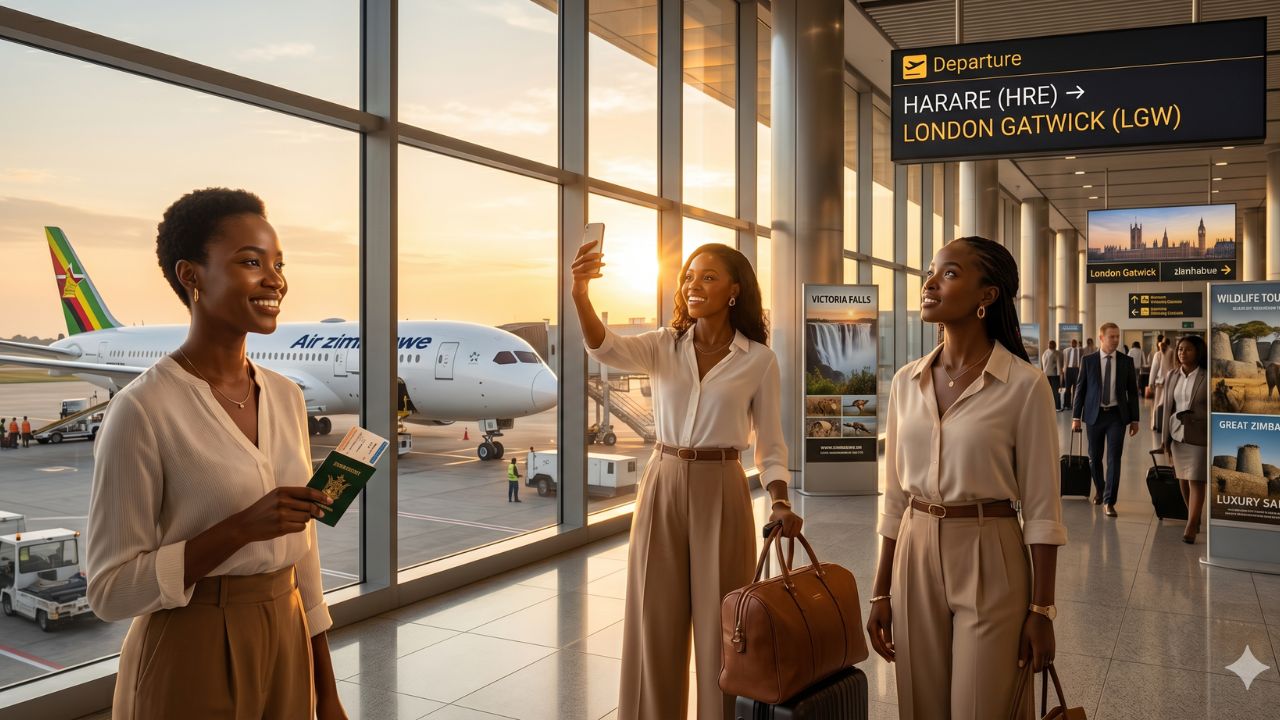 A highly dramatic scene capturing massive passenger congestion and severe travel chaos as Air Zimbabwe deploys its historic nonstop flight from Harare to London Gatwick