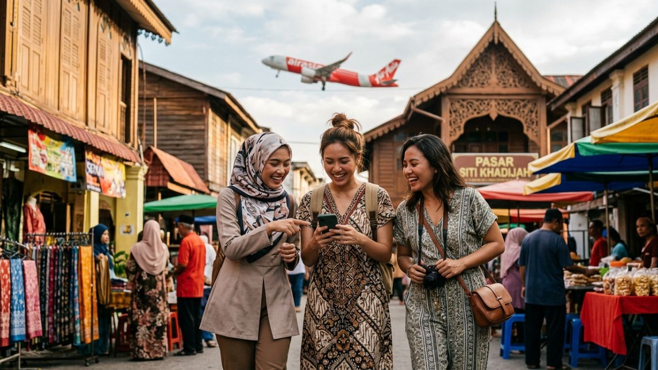 An AirAsia A320 aircraft landing at Sultan Ismail Petra Airport in Kota Bharu, symbolizing a massive strategic shift to bypass regional travel chaos