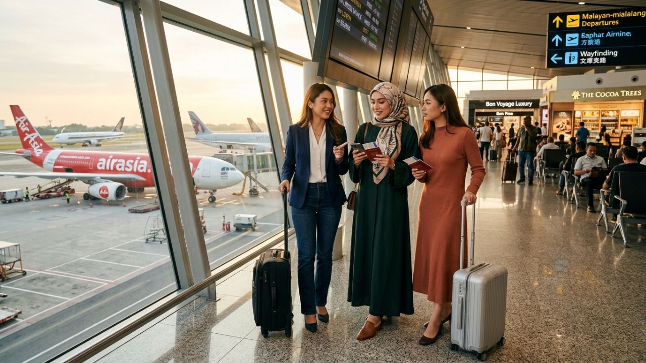 A highly dramatic scene capturing an AirAsia X jet grounded on the tarmac, representing the massive route delays and severe travel chaos triggered by escalating Middle East airspace tensions