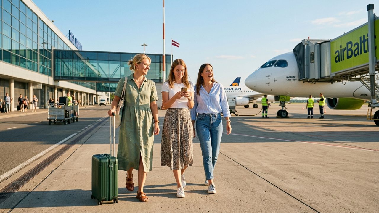 A highly dramatic scene capturing massive passenger relief as airBaltic aggressively maintains highly stable flight schedules out of Latvia, violently shielding travelers from terrifying flight cancellations and regional airport disruptions