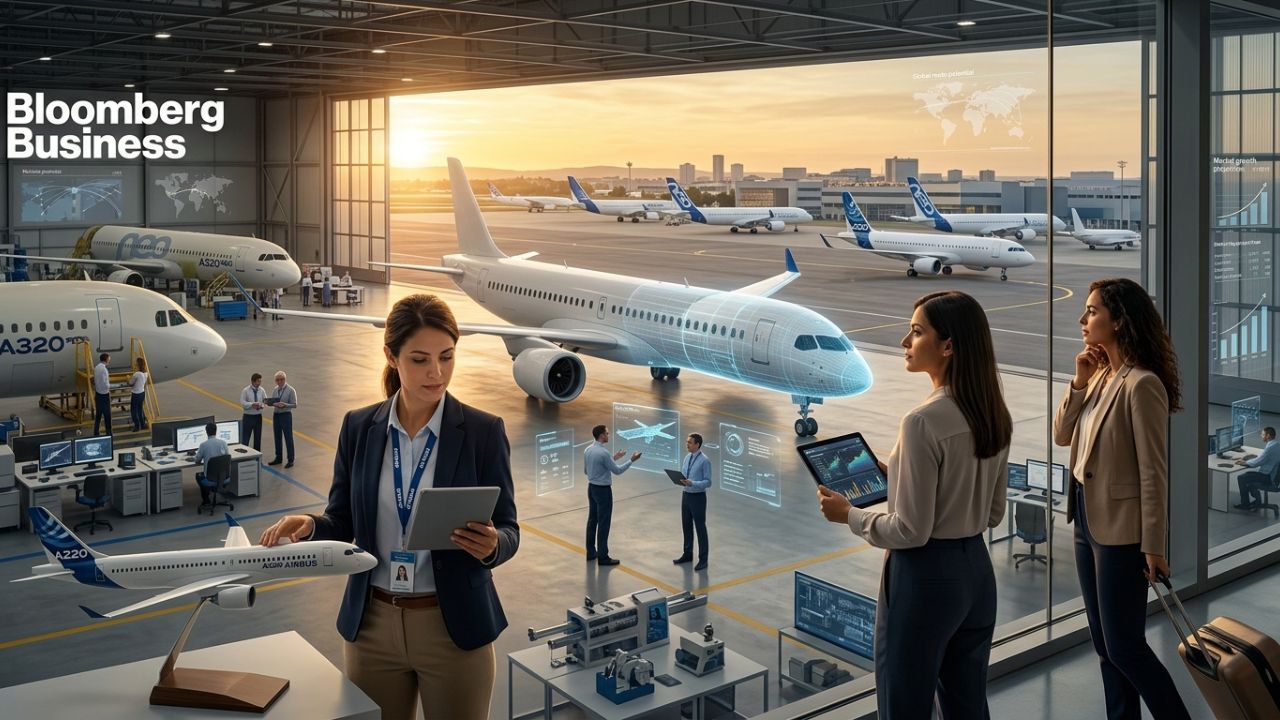A dramatic scene showcasing Airbus aviation manufacturing facilities aggressively halting the A220-500 jetliner production line amidst global travel chaos