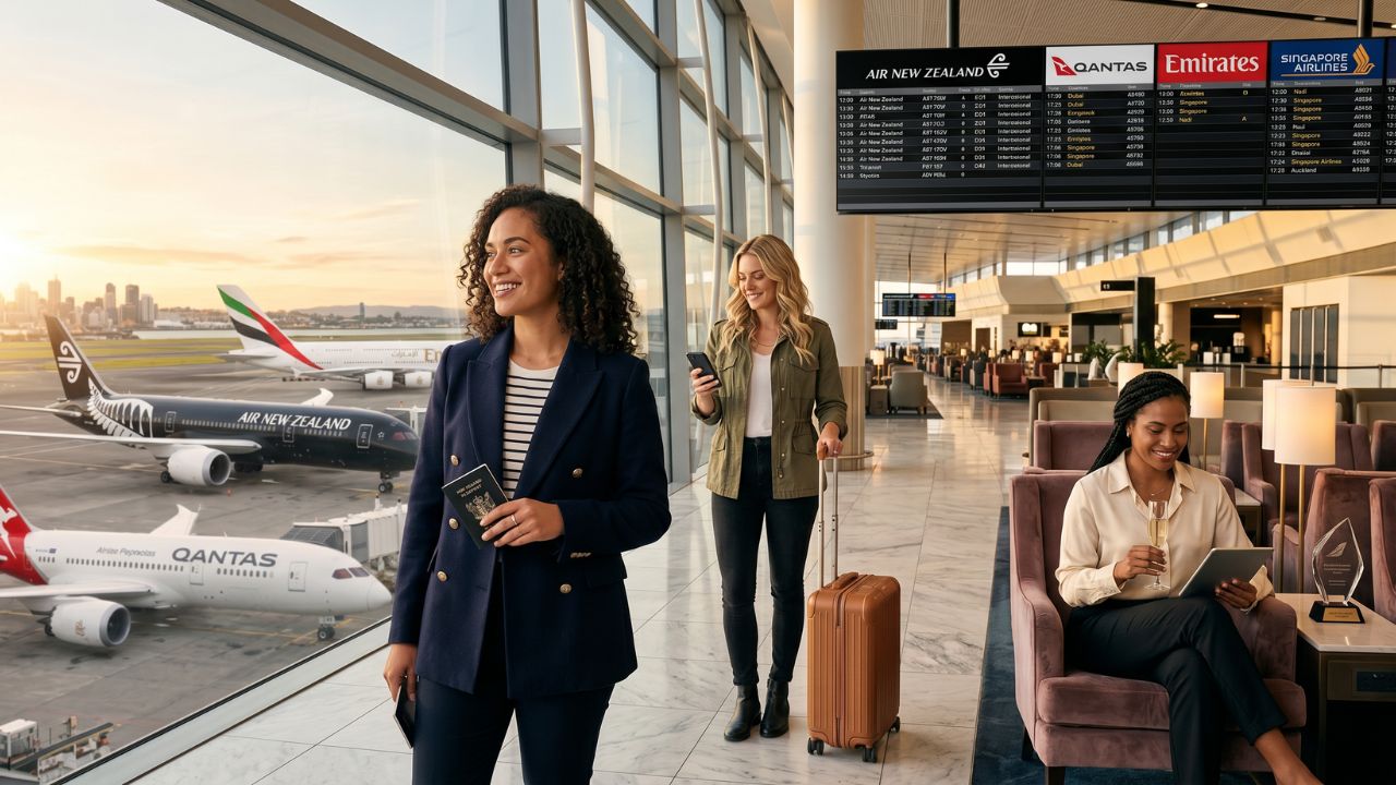A highly cinematic view of a luxurious, award-winning airline business class suite featuring a massive entertainment screen and fine dining, overlooking the clouds