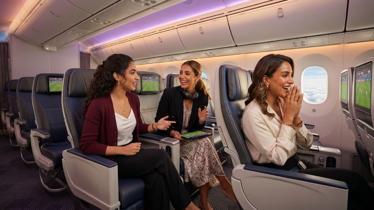 Passengers watching live World Cup 2026 football on seatback screens during a long-haul flight, successfully distracting them from the severe travel chaos and airport disruptions occurring on the ground