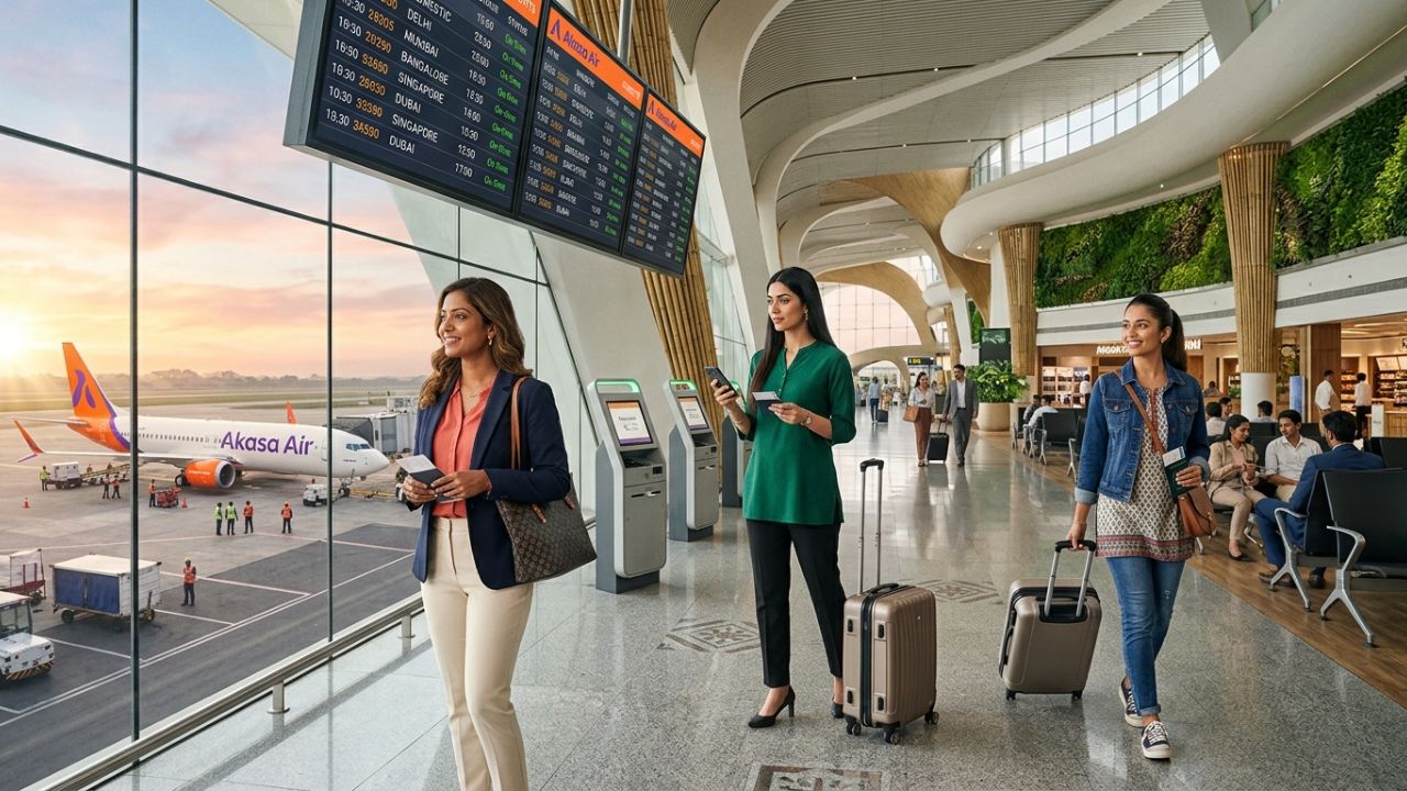 A sleek Akasa Air Boeing 737 MAX parked on the tarmac at the newly inaugurated Noida International Airport, providing a vital alternative for passengers seeking to bypass severe travel chaos