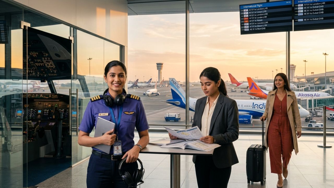 A highly dramatic scene capturing a massive Boeing 737 MAX simulator in intense operation, representing a strategic national training deployment designed to rescue Indian airlines from severe pilot shortages and extreme travel chaos
