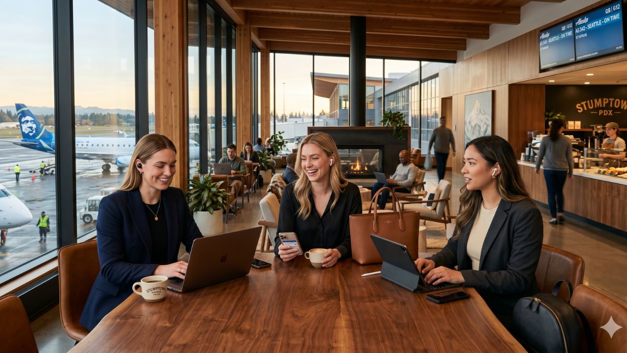 A beautifully illuminated, highly luxurious Alaska Airlines premium lounge at Portland International Airport, designed specifically to shield elite business travelers from severe terminal congestion and travel chaos