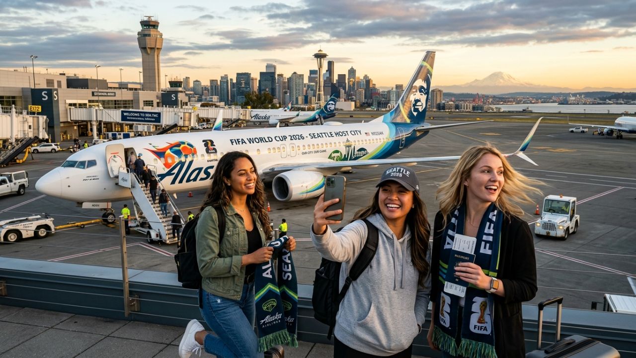 A highly dramatic scene capturing massive airport preparations as Alaska Airlines aggressively deploys its Boeing 737-9 MAX World Cup livery in Seattle, violently preparing to shield travelers from terrifying flight cancellations and regional airport disruptions