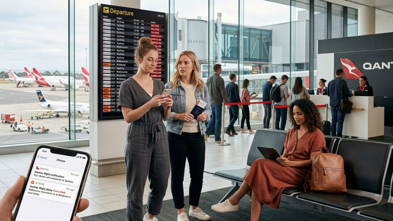 A highly dramatic scene capturing massive passenger anxiety as sudden Alliance Airlines flight cancellations at Adelaide International Airport spark severe travel chaos and destroy domestic Australian flight connections