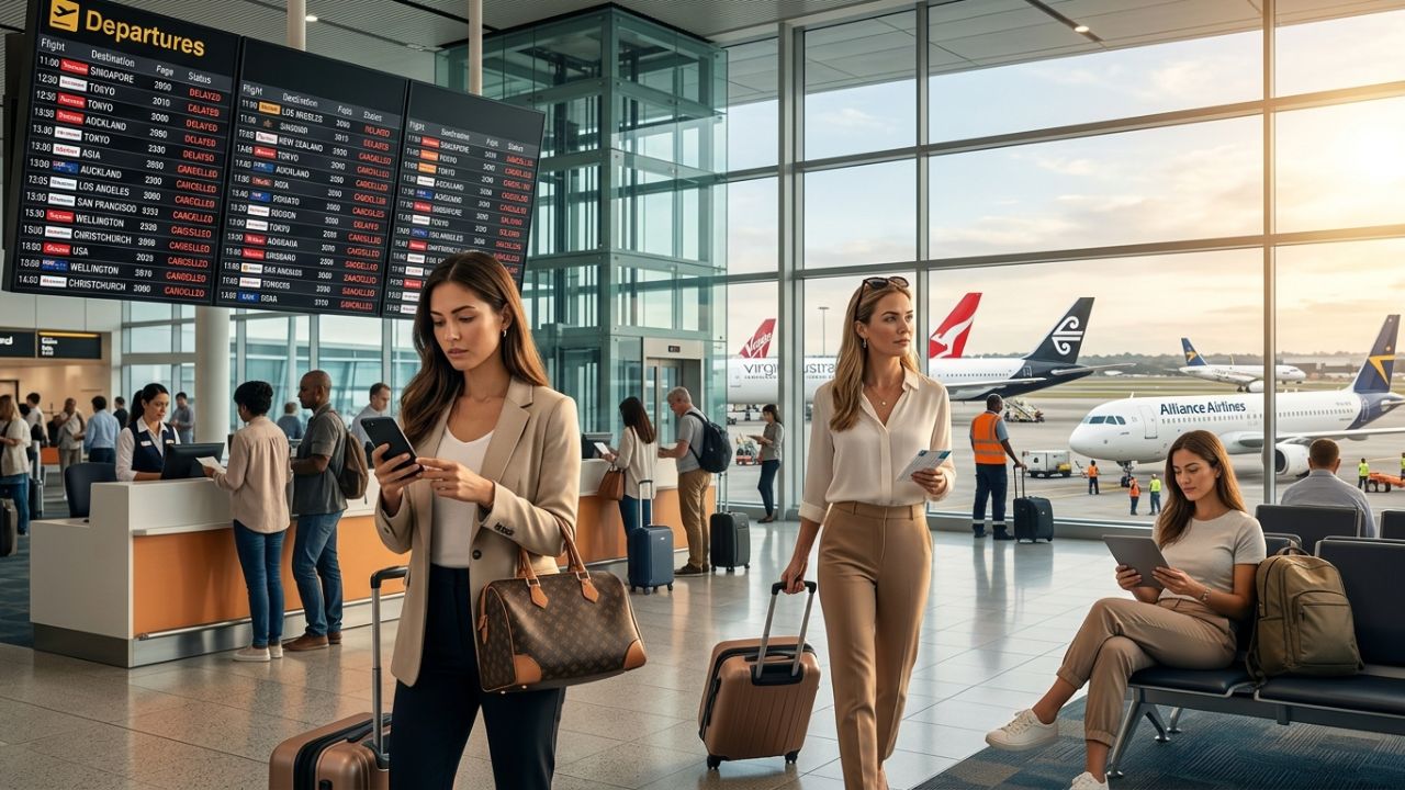 A highly dramatic scene capturing massive passenger panic as Alliance Airlines operational failures trigger severe flight cancellations at Brisbane Airport, sparking paralyzing travel chaos across global transit networks