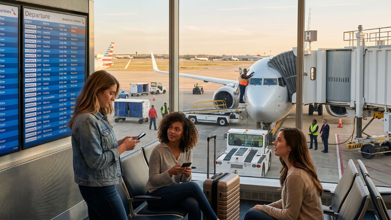 Ground maintenance crews utilizing specialized equipment to access the exterior cockpit emergency window of an American Airlines Boeing 737 MAX at Dallas Fort Worth Airport